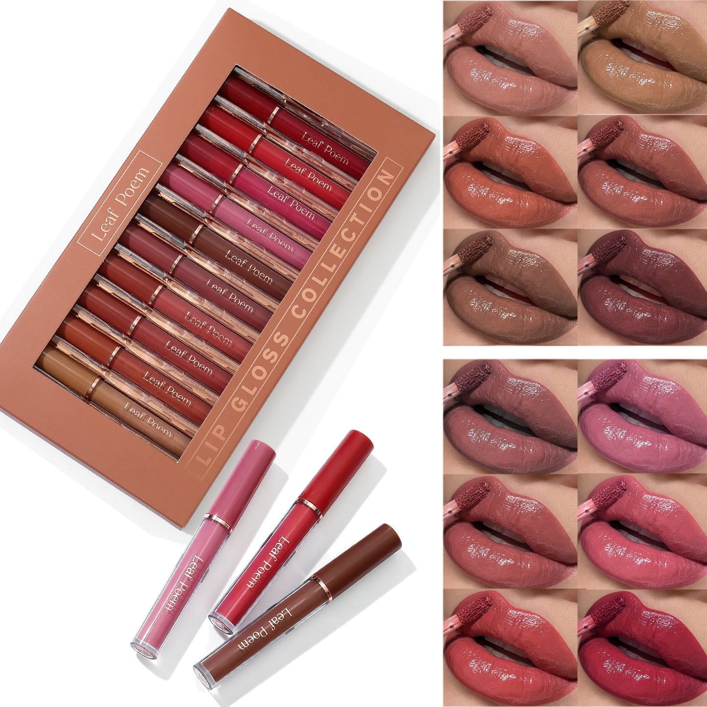 12 Pcs Lip Gloss Set with Glossy and Soft Brush Non-Sticky Moisturizing Lipgloss