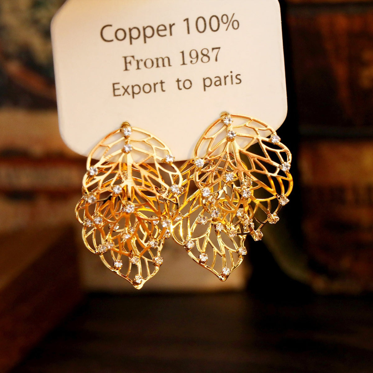 Open Work Leaf Earrings - Ultra-sparkly Zircon Earrings