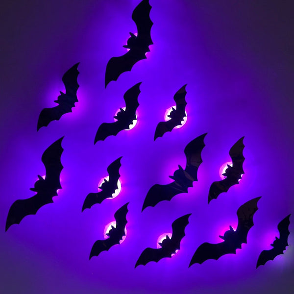 12Pcs Halloween Bats Wall Decor, Removable Lighted 3D Bats Wall Stickers Assorted Size