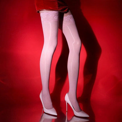 2 Pairs Horse Oil Infused Peacock Lace Trim Sexy Glossy Shiny Anti-Slip Thigh-High Socks
