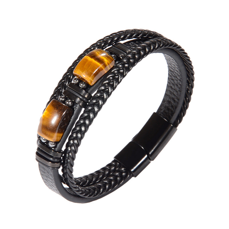 Tiger Eye Black Leather Bracelet Men Courage And Stress Relief Protection Bracelet