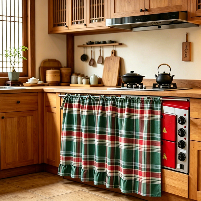 Christmas Curtains, Double-Sided Thick Fabric Gingham Plaid Stovetop Cover