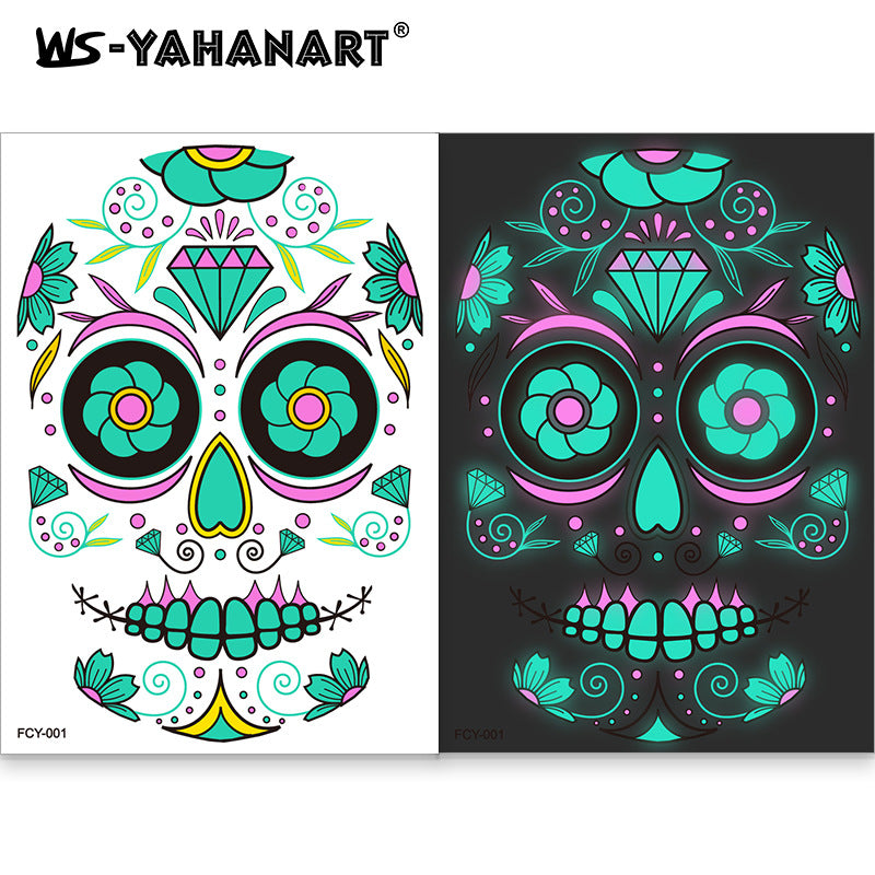 4pcs Halloween Glow Tattoos - UV Reactive Sugar Skull Face Decals