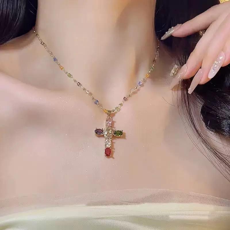 Rainbow Cross Pendant Necklace for Women Cubic Zirconia Faith Jewelry