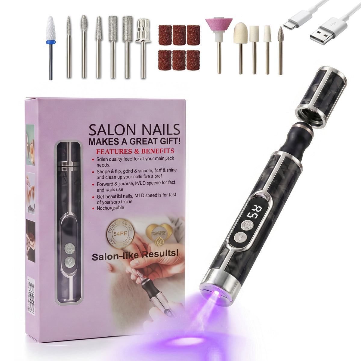 3 in 1 Electric Nail Drill Machine, USB C Rechargeable Nail File, LCD Display, UV Light, Adjustable Speeds
