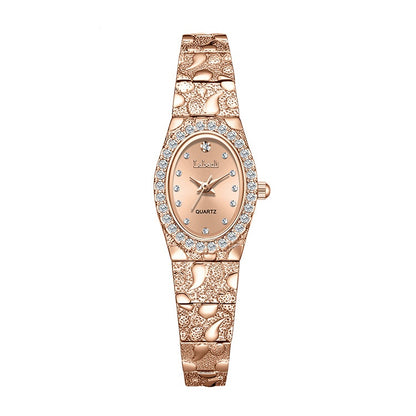 Elegant Women's Quartz Watch, Oval Rhinestone Inlay Dress Watches with Textured Alloy Band