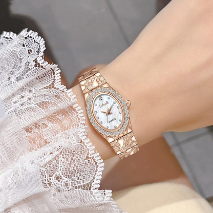 Elegant Women's Quartz Watch, Oval Rhinestone Inlay Dress Watches with Textured Alloy Band