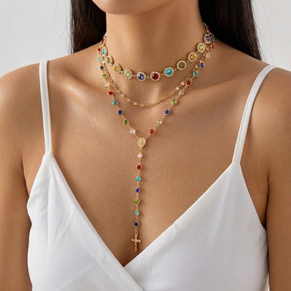 3Pcs Rhinestone Choker Necklace Set Long Colorful Crystal Clavicle Chain