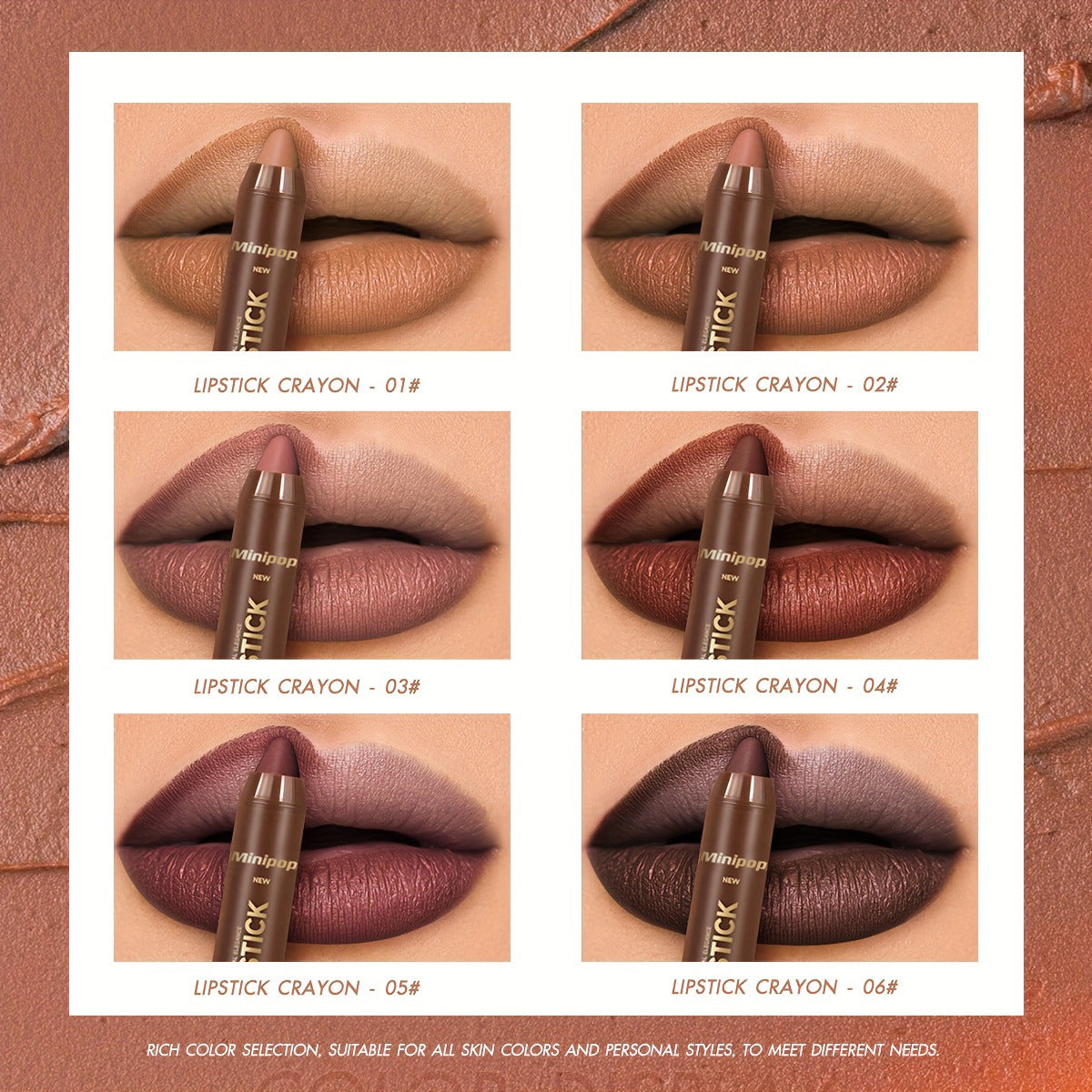 6 Pieces/set Mauve Matte Brown Lip Liner and Lipstick Combo Set Kit