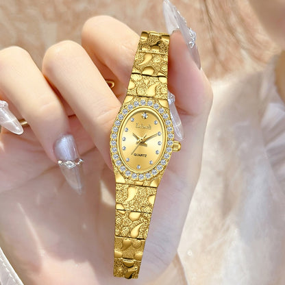 Elegant Women's Quartz Watch, Oval Rhinestone Inlay Dress Watches with Textured Alloy Band