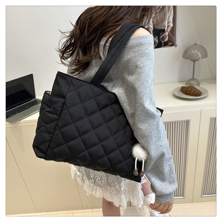Stylish Quilted Puffer Tote Bag for Women with Doll Ornament