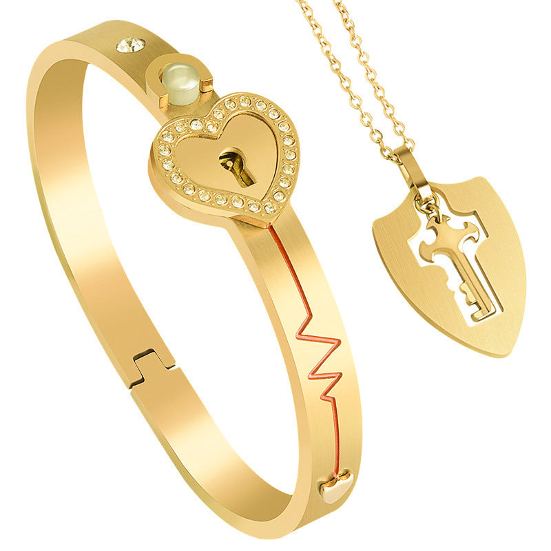 Locking Bracelet With Key For Couple, Love Heart Lock Bangles Key Pendant, Lock Bracelets And Key Necklace Set
