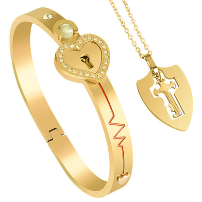 Locking Bracelet With Key For Couple, Love Heart Lock Bangles Key Pendant, Lock Bracelets And Key Necklace Set