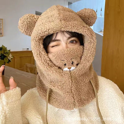 Kawaii Bear Ear Beanie Scarf, Super Soft Furry Double Layer Neck Warmer & Hat