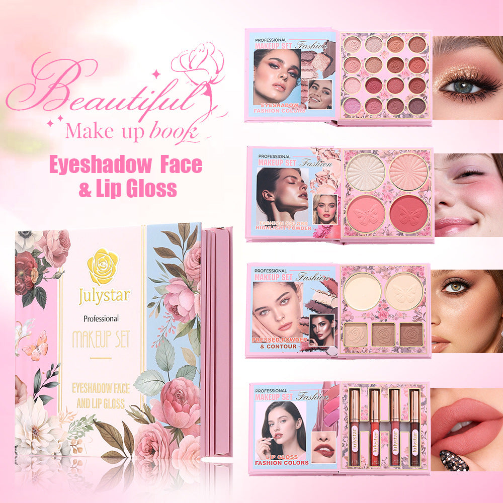 4-In-1 Pink Flip Makeup Book, Portable All-In-One Palette For Basic Eyeshadow, Blush, Lip Gloss & Bronzer