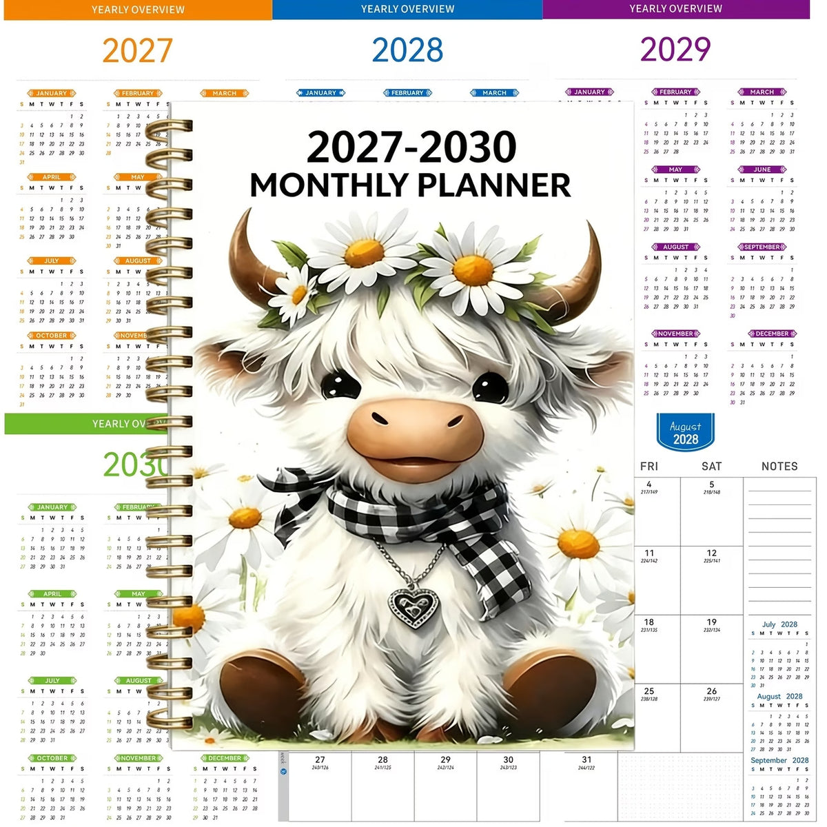 2027-2030 Monthly Planner- Highland Cow 60 Month Notebook with Monthly Tabs
