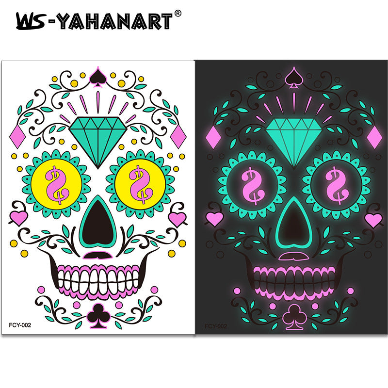 4pcs Halloween Glow Tattoos - UV Reactive Sugar Skull Face Decals
