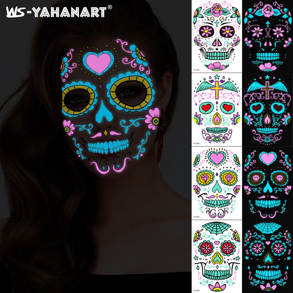 4pcs Halloween Glow Tattoos - UV Reactive Sugar Skull Face Decals