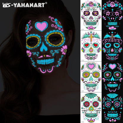 4pcs Halloween Glow Tattoos - UV Reactive Sugar Skull Face Decals