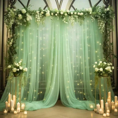 Tulle Curtain with Lights String Backdrop for Wedding 63x118inch