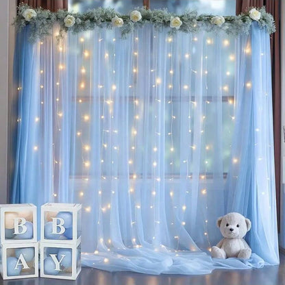 Tulle Curtain with Lights String Backdrop for Wedding 63x118inch