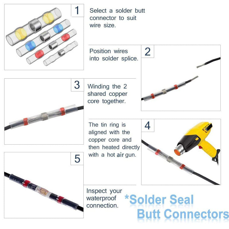 300pcs Wire Connectors Kit, Red White Blue Yellow Heat Shrink Butt Connectors 3x20mm Black Heat Shrink Tube
