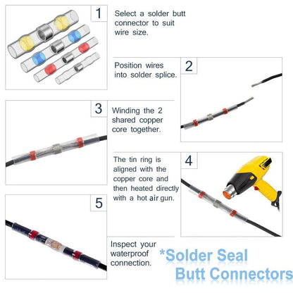 300pcs Wire Connectors Kit, Red White Blue Yellow Heat Shrink Butt Connectors 3x20mm Black Heat Shrink Tube