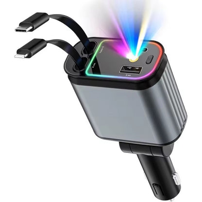 Retractable Car Charger, 4-in-1 Fast Charger with USB-C & USB-A | Red Starry Sky Light