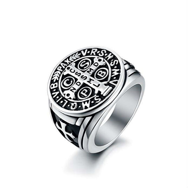 St Benedict Exorcism Ring Stainless Steel Catholic Roman Cross Demon Protection Ghost Hunter