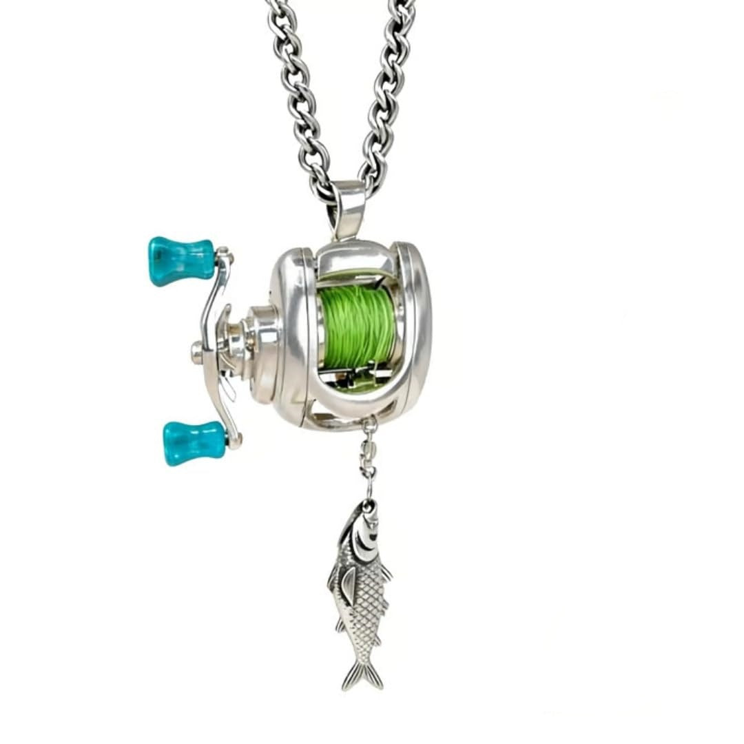 Fishing Reel Necklace, Necklace with Rotating Handle & Moving Line Guide, Interactive Angler Jewelry
