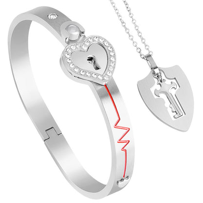 Locking Bracelet With Key For Couple, Love Heart Lock Bangles Key Pendant, Lock Bracelets And Key Necklace Set