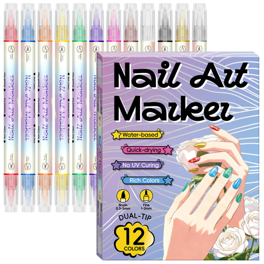 12Color Dual-Tip Nail Art Marker Pen Set, 0.5 MM Nail Art Markers, 3D Nail Polish Pens