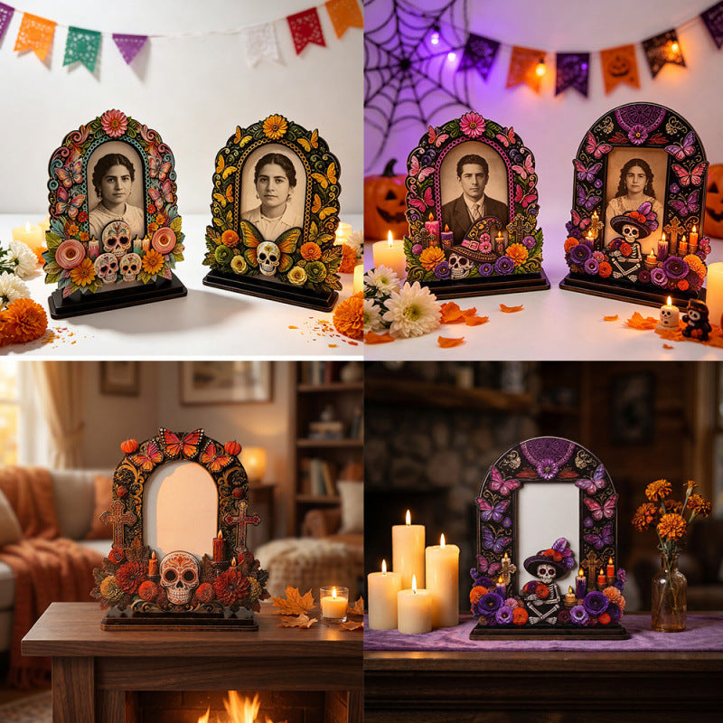 Día de los Muertos Wooden Picture Frame, Mexican Day of the Dead Tabletop Decor