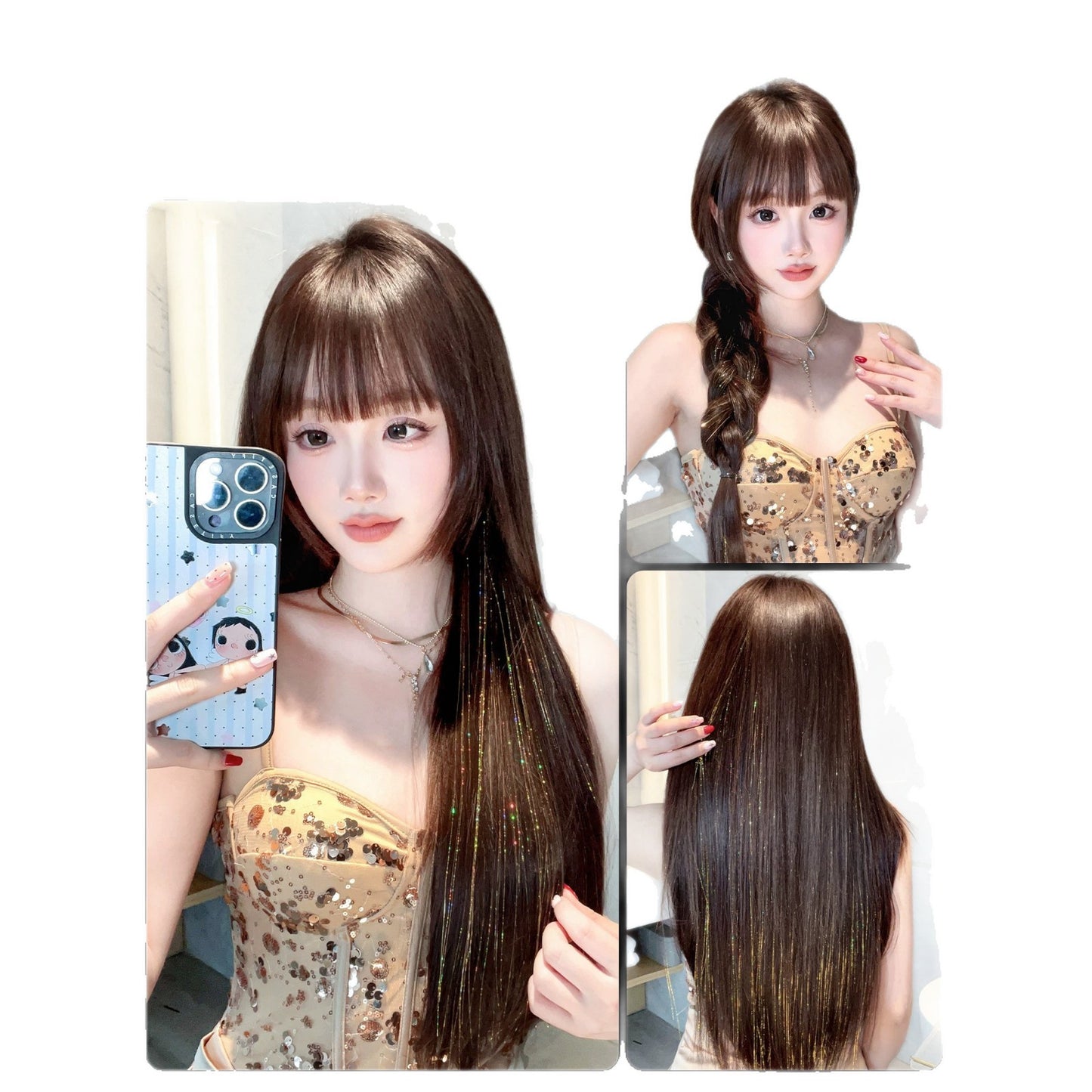 One-Piece Colored, Shimmering Lurex & Laser-Effect Highlight Hairpiece 3s Wear and Go for Party Daily Travel Birthday