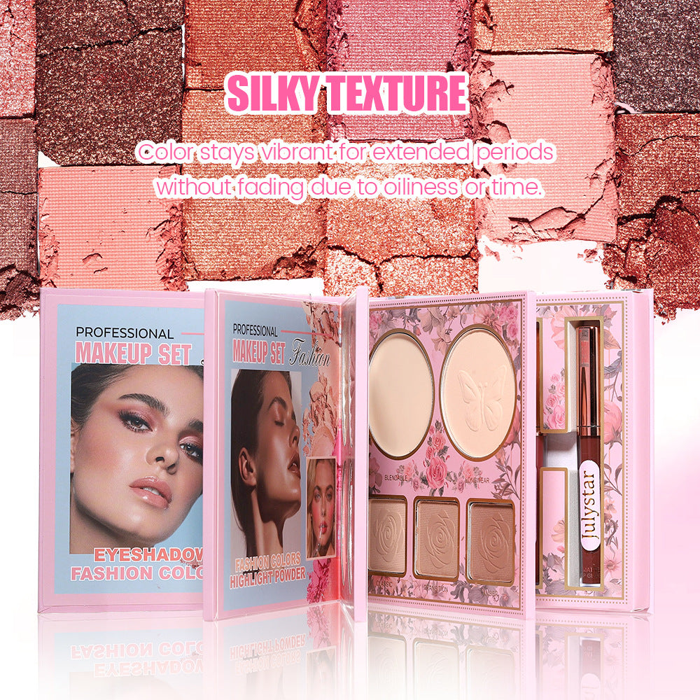 4-In-1 Pink Flip Makeup Book, Portable All-In-One Palette For Basic Eyeshadow, Blush, Lip Gloss & Bronzer