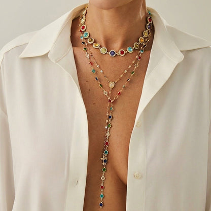 3Pcs Rhinestone Choker Necklace Set Long Colorful Crystal Clavicle Chain