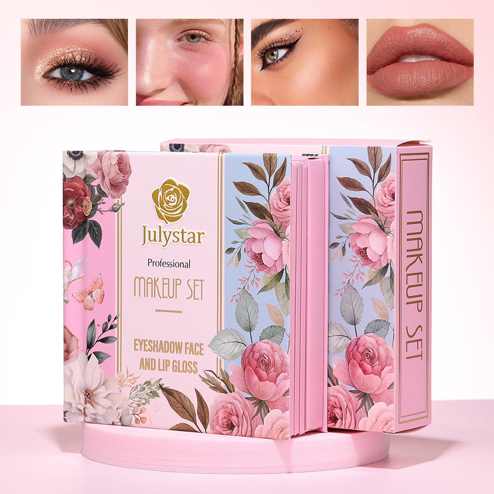 4-In-1 Pink Flip Makeup Book, Portable All-In-One Palette For Basic Eyeshadow, Blush, Lip Gloss & Bronzer