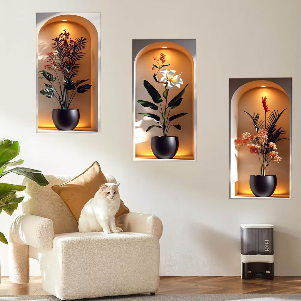 3Pcs Elegant Tropical Plant Niche Wall Stickers, Arch Display Window Theme Exotic Leaf Floral Fake Window Scene
