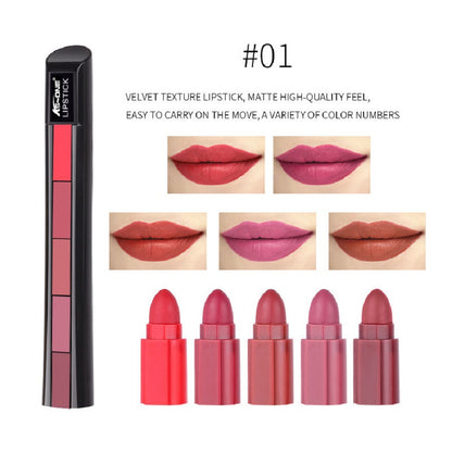 5 in 1 Matte Lipstick,Multicolor Combination Lipsticks Velvety High Pigment Lip Makeup Non-marking Lip Gloss Moisturizing
