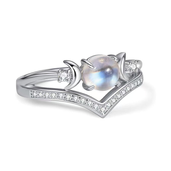 Natural Crystal Triple Moon Godness Ring for Women Adjustable Opening