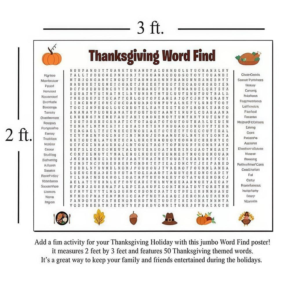 Glossy Print Thanksgiving Word Search Jumbo Poster, 36x24''