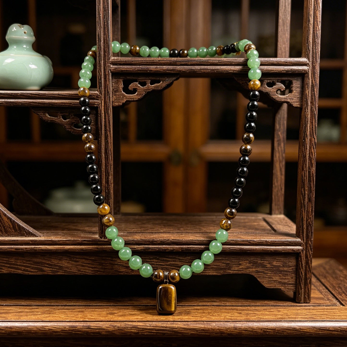 Money Necklace Jewelry for Women Men, Wealth Tiger Eye Obsidian Beaded Good Luck Natural Stone