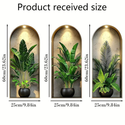 3Pcs Elegant Tropical Plant Niche Wall Stickers, Arch Display Window Theme Exotic Leaf Floral Fake Window Scene