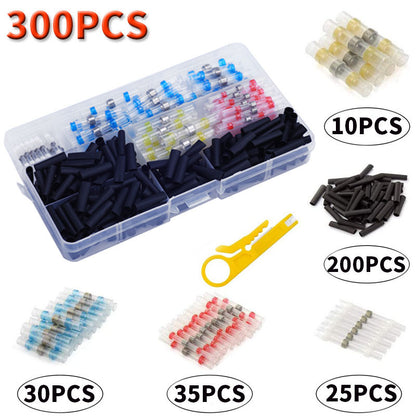 300pcs Wire Connectors Kit, Red White Blue Yellow Heat Shrink Butt Connectors 3x20mm Black Heat Shrink Tube