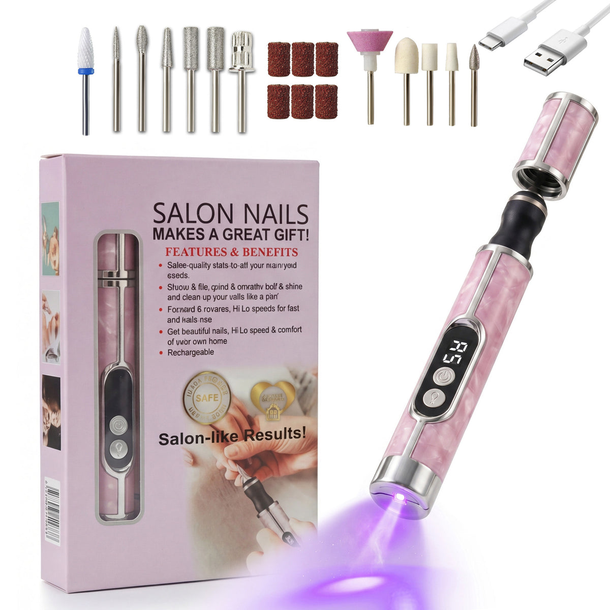3 in 1 Electric Nail Drill Machine, USB C Rechargeable Nail File, LCD Display, UV Light, Adjustable Speeds