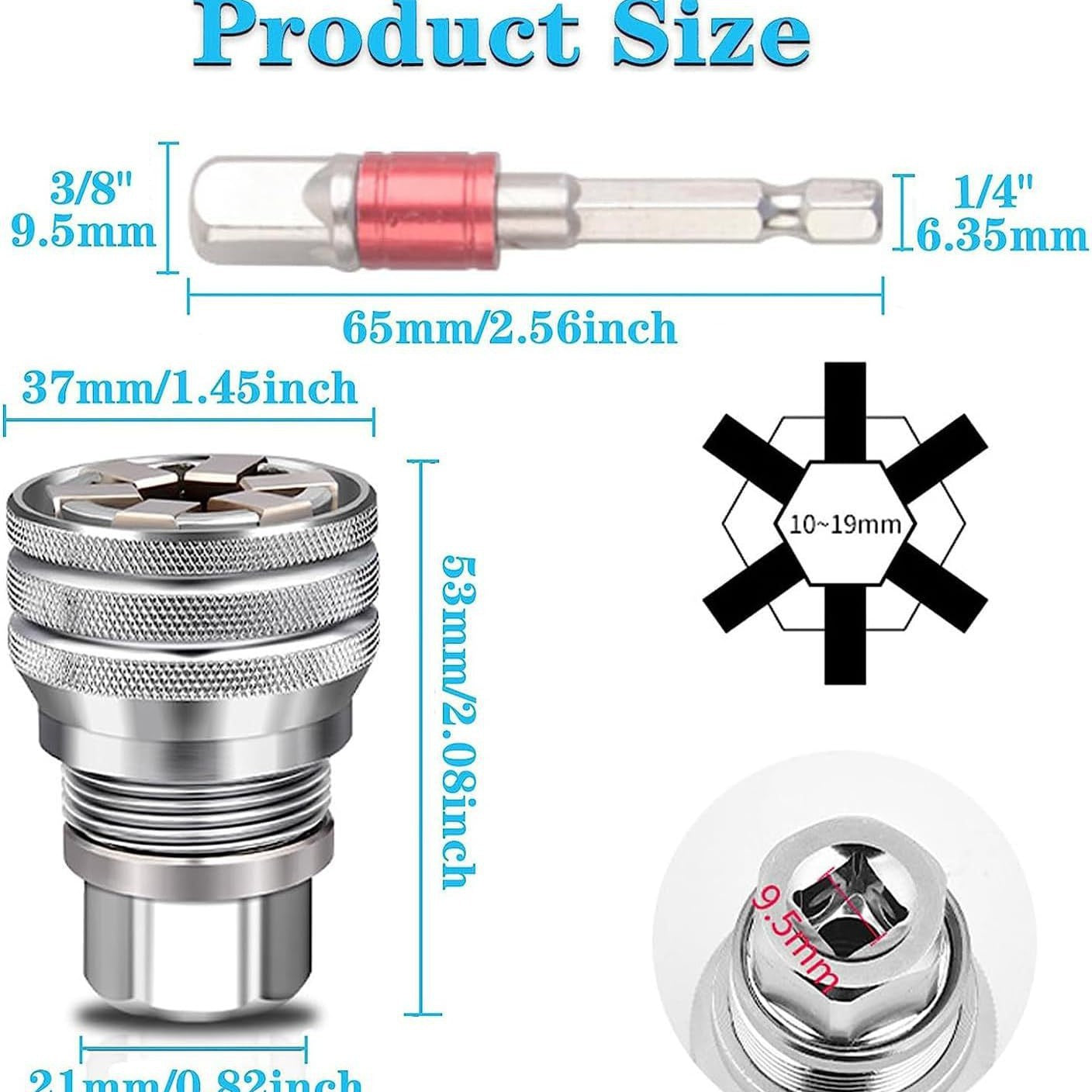 Universal Socket,  Fits for Standard 10 to 19mm, Metric 3/8 to 3/4in