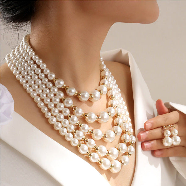 Elegant Pearl Jewelry Bead Cluster Collar Bib Choker Necklace and Earrings Set