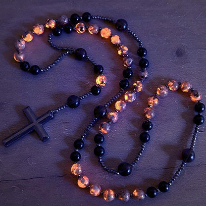 Natural Obsidian Yooperlite Rosary Necklace, UV Reactive Energy Protection Healing Crystal