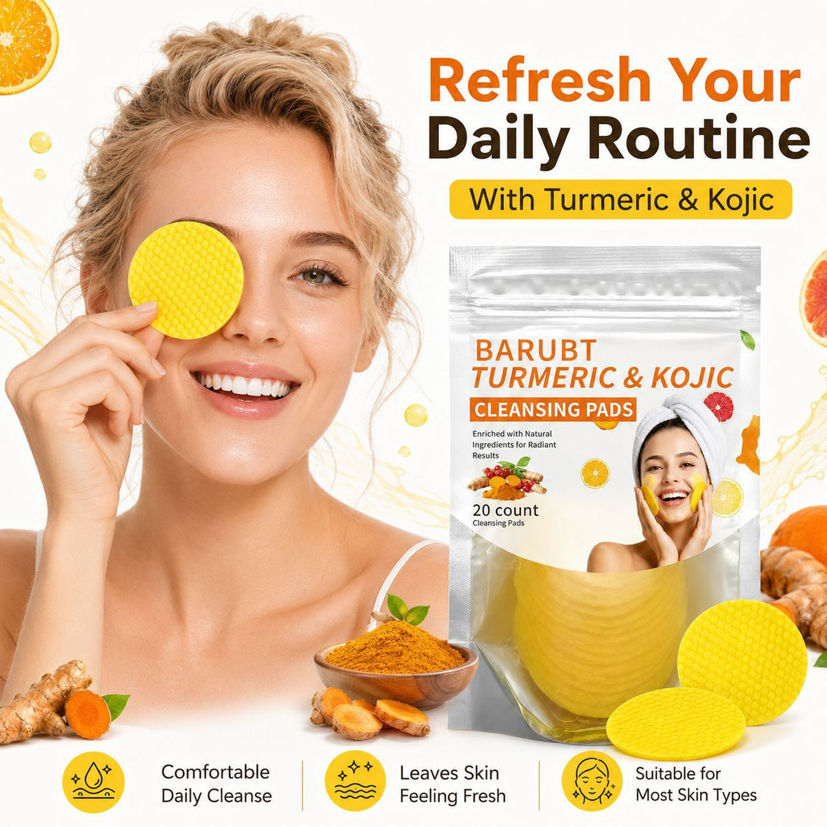 Turmeric & Kojic Cleansing Pads - 20 Pads for Deep Pore Clean