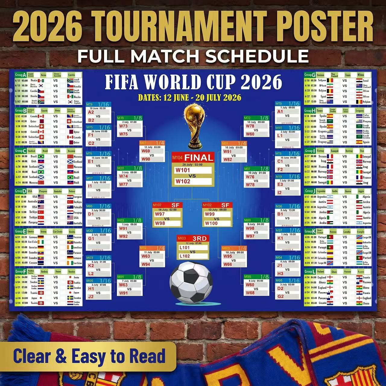 2026 World Cup Schedule Poster—Perfect for Watch Parties, Bars, and Home Decor（Includes 20 Double-sided Stickers and 4 Pens）